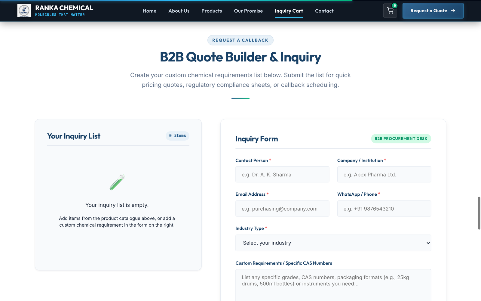 Ranka Chemical B2B quote builder and inquiry cart snapshot from live website
